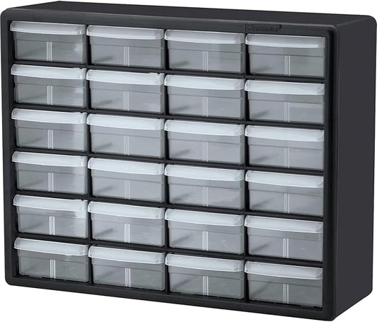 Akro-Mils 24-Drawer Plastic Storage Cabinet, 20" W x 6" D x 16" H, Black | Plastic Cabinet w/ Drawers for Garage Organization, Beads, Building Bricks Storage, Teacher Toolbox, Makeup Organizer, 10124