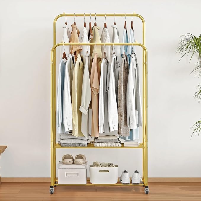 SUOERNUO Clothes Rack with Lockable Wheels Double Rods Metal Garment Racks | Portable Heavy-Duty Clothing Rack, Rolling Clothes Shelves for Bedroom Laundry Living Room, Gold