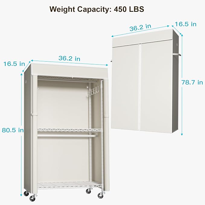 White Clothing Rack with Beige Cover, P1C Rolling Closets with Wheels, Metal Garment Rack for Hanging Clothes, Clothing Storage Wardrobe, 36.2" W x 16.5" D x 80.5" H, Load 450 Pounds