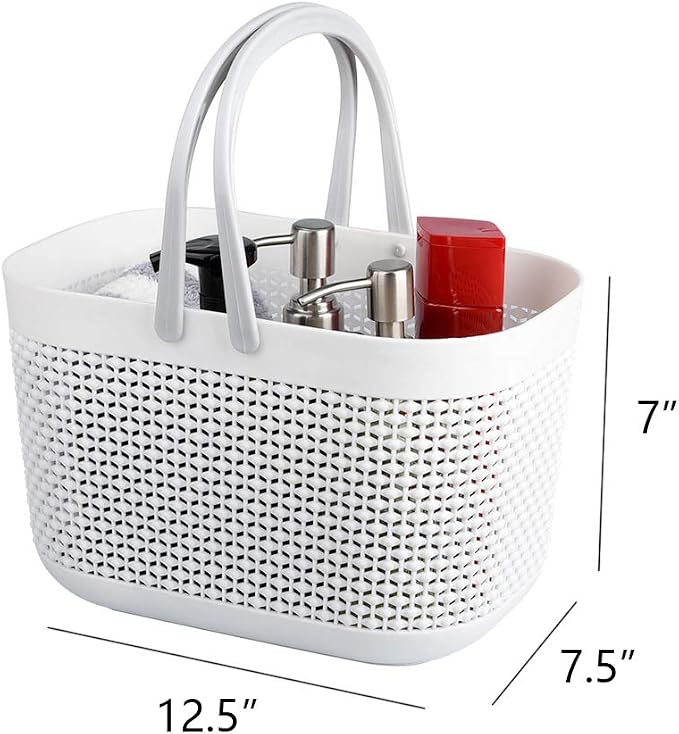 Plastic Portable Shower Caddy Basket, Storage Organizer with Handle, White | Bottom Drain Holes, Keep Dry, Sturdy and Durable, Easy to Carry for Bathroom, Kitchen, Dorm Room, RV, College
