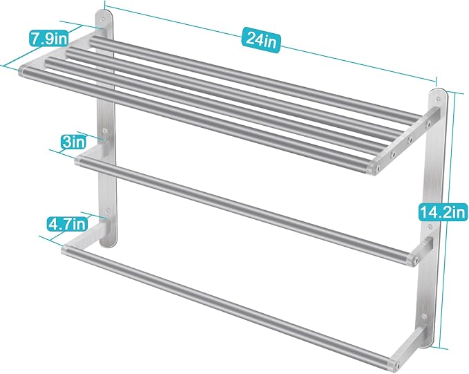24 inch Towel Racks for Bathroom, VOTZAAQ Towel Shelf with Double Towel Bar, Stainless Steel Towel Storage for Lavatory Wall Mounted, 3-Tier Towel Hanger Towel Holder, Brushed Nickel