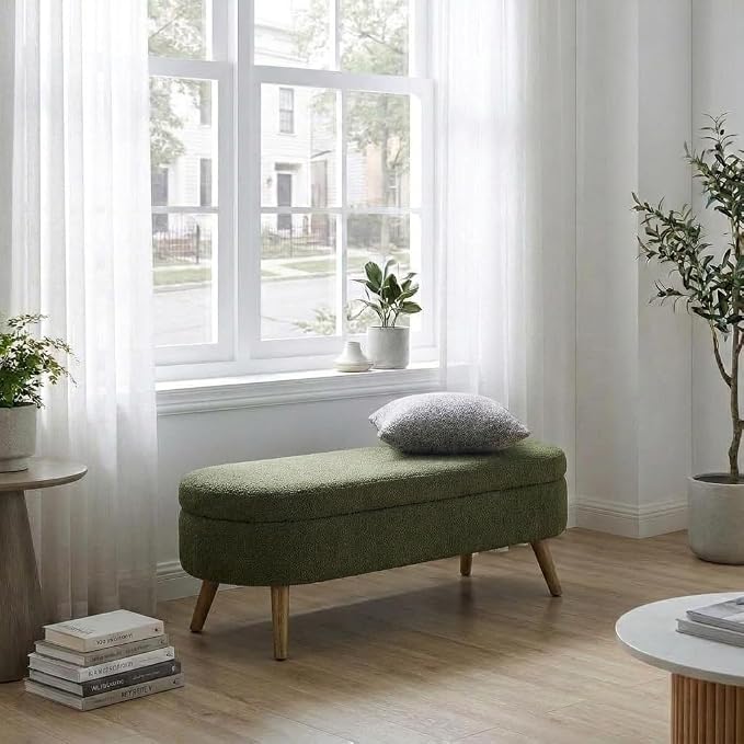 43.5” Storage Ottoman Bench，Upholstered Oval End of Bed Bench for Bedroom | Modern Linen Ottoman with Storage, Entryway Foot Rest with Wooden Legs, Lift-Top Lid with Safety Hinge, Living Room, Green
