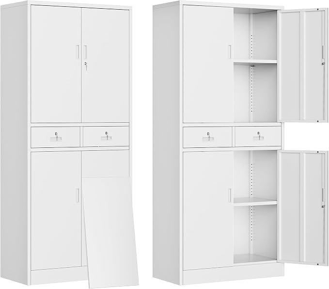 CJF Metal Storage Cabinet with Adjustable Shelves and Drawers, 71" H Locking Pantry Storage Cabinet for Office, Garage, Home, School, Utility (White)