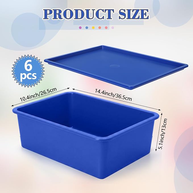 6 Pcs Large Plastic Storage Bins with Lids 14.4 x 10.4 x 5.1 Inch Stackable Storage Containers Decorative Cubby Organizer for Clothes Shelves Garage Closet Office (Blue Series)