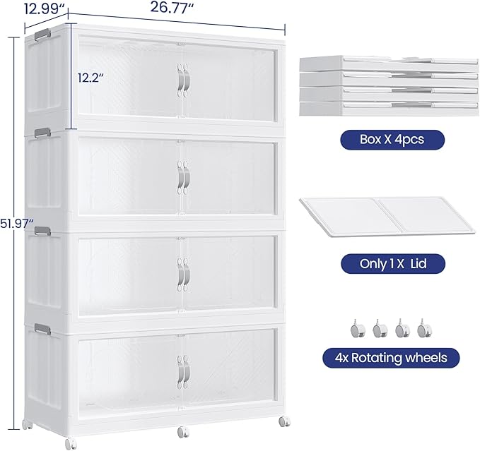 480QT Extra Large Stackable Storage Bins with Lid, 120Gal Plastic Closet Organizers and Storage Drawer, Collapsible Cabinet Box with Wheels Clear Doors for Home Kitchen Garage, 4Pack White