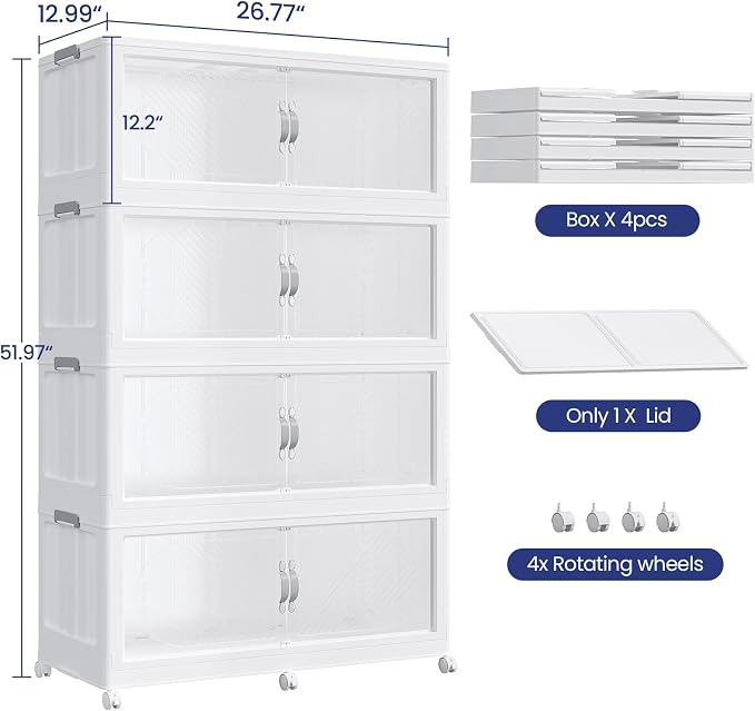 480QT Extra Large Stackable Storage Bins with Lid, 120Gal Plastic Closet Organizers and Storage Drawer, Collapsible Cabinet Box with Wheels Clear Doors for Home Kitchen Office, 4Pack White