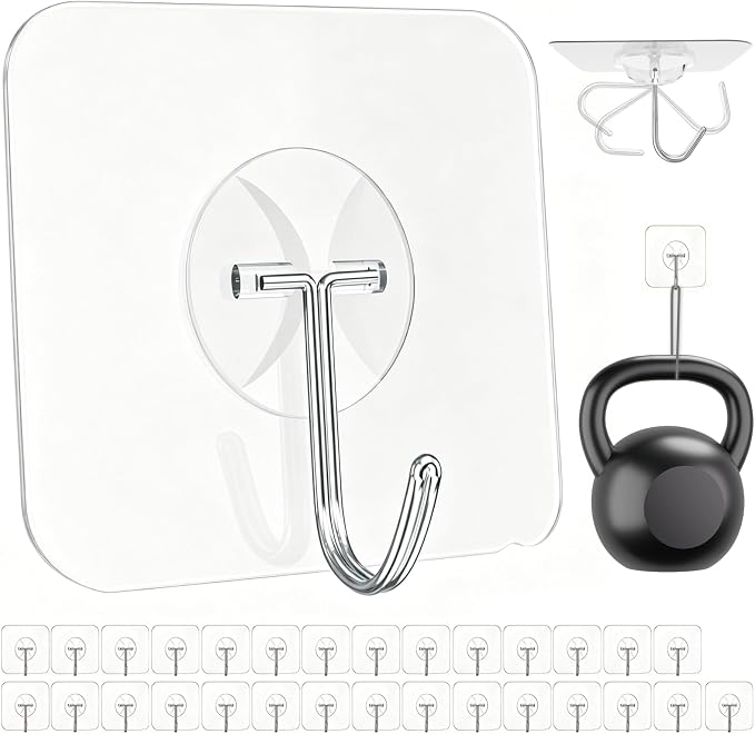 Latoxcaa Heavy Duty Adhesive Wall Hooks - Strong & Transparent, Hold up to 22lb, Waterproof & Reusable, Ideal for Kitchen, Bathroom, and Office (30 Pack)