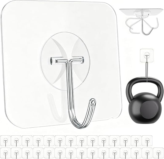 Latoxcaa Heavy Duty Adhesive Wall Hooks - Strong & Transparent, Hold up to 22lb, Waterproof & Reusable, Ideal for Kitchen, Bathroom, and Office (30 Pack)
