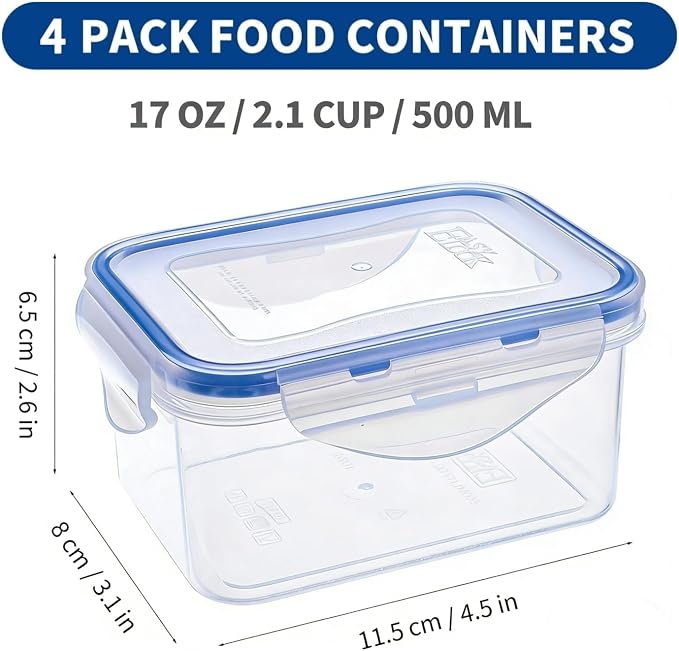 KIGI Small Food Storage Containers, 4 Count (2.1 Cup) | Rectangle, 4-Sided Locking Airtight Lids, BPA-Free Plastic, Leak-Proof for Lunch, Meal Prep, Snack & Portion Control, 17 oz