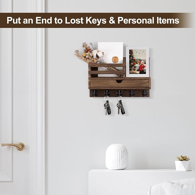 Key Holder Wall Mount, Mail Holder with Storage Drawer and 5 Key Hooks for Coat, Dog Leash, Home Decor Rack, House Accessories, Entry Way Organizer