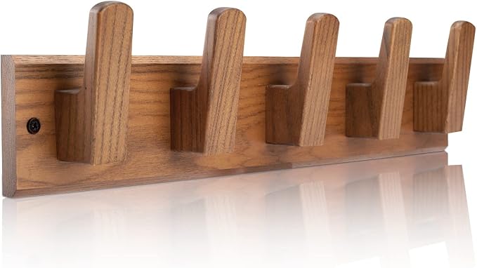Wood Coat Rack Wall Mount with 5 Hooks, 17'' Hole to Hole Wall Coat Rack for Hanging Coat Jacket Backpack, Natural Wall Coat Hook