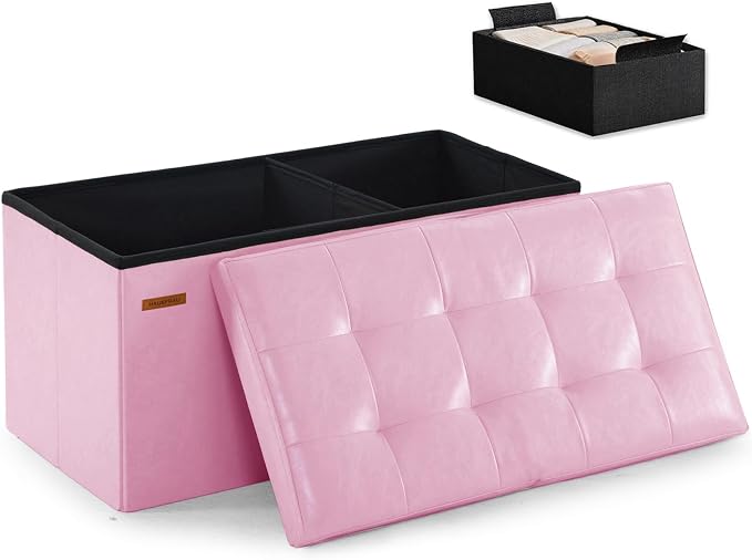 HAUSFRAU Ottoman with Storage Bench Folding Foot Rest Stool Pink | 31.5", Flip Lid, Small Upholstered Foldable Footrest Footstool, Bedroom Bench, Living Room Dorm Ottoman, Faux Leather