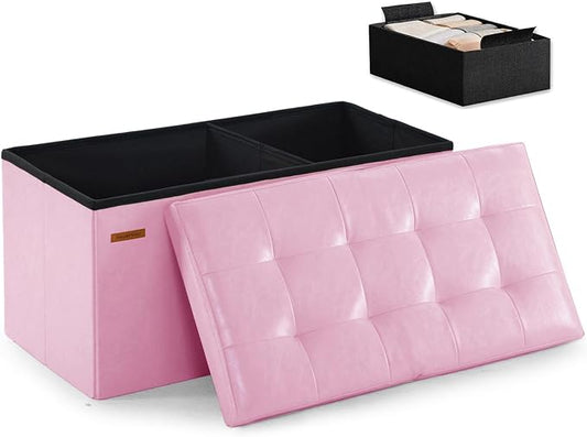 HAUSFRAU Ottoman with Storage Bench Folding Foot Rest Stool Pink | 31.5", Flip Lid, Small Upholstered Foldable Footrest Footstool, Bedroom Bench, Living Room Dorm Ottoman, Faux Leather