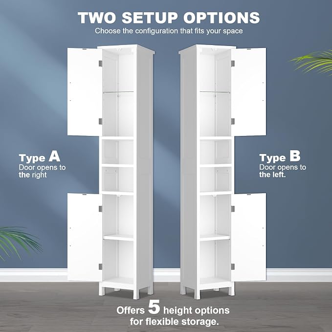 67" Tall Bathroom Storage Cabinet with Lights, Slim Narrow Bathroom Cabinet Organizer with Doors and Adjustable Shelves, Tall Cabinet for Small Space (66.9" Tall-White with Light)