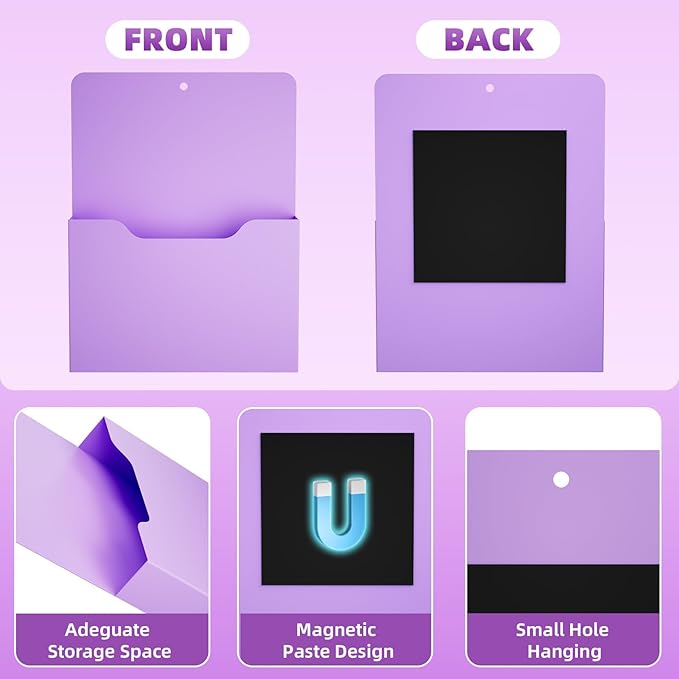 Marbrasse Magnetic File Holder - Magnetic Paper Holder, Pocket Organizer Office Supplies Storage Mail Organizer for Notebooks,Planners,Letter (Purple)