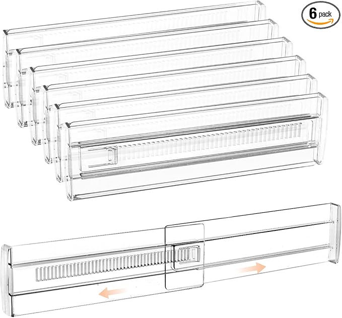 Adjustable Drawer Dividers 11.3-20in Organizer for Dresser (6) | Clear Plastic, 3.2in Wide, Adhesive Mounting, No Tools, for Kitchen Office
