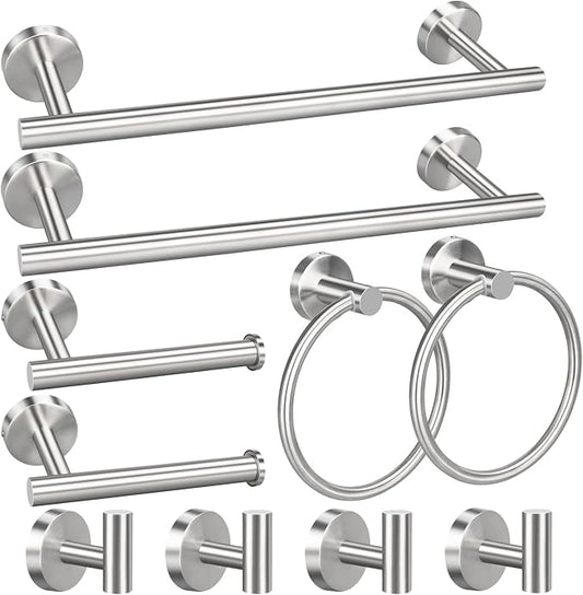 10pcs Bathroom Hardware Set, Brushed Nickel Bathroom Hardware Set, Including 16" Hand Towel Bars, Toilet Paper Holders, Towel Rings, Robe Towel Hooks | Including 16" Hand Towel Bars, Toilet Paper Holders, Towel Rings, Robe Towel Hooks