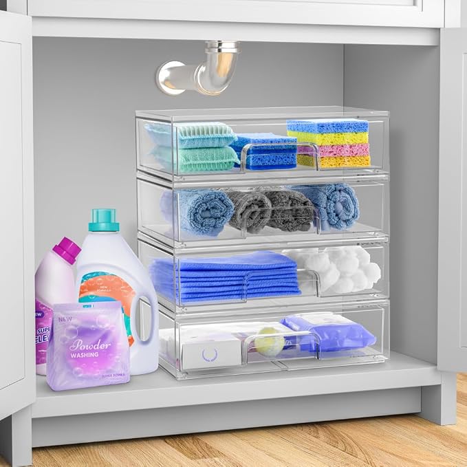 Sorbus Acrylic Storage Containers - 4 Pack, Stackable Storage Bins Set for Bathroom Organization - Clear Acrylic Drawer Organizers - Makeup Case Pull-Out Drawers (12.1’’ Wide)