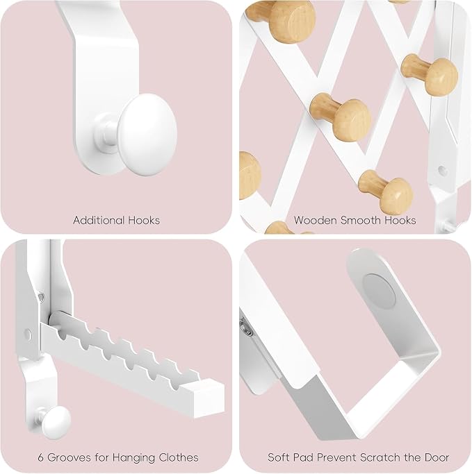 Over The Door Hooks with 7 Wood Hooks, Foldable Collapsible Clothes Drying Rack & Towel Hanger, Space-Saving Door Organizer for Laundry, Coat, Bedroom, Dorm and Bathroom