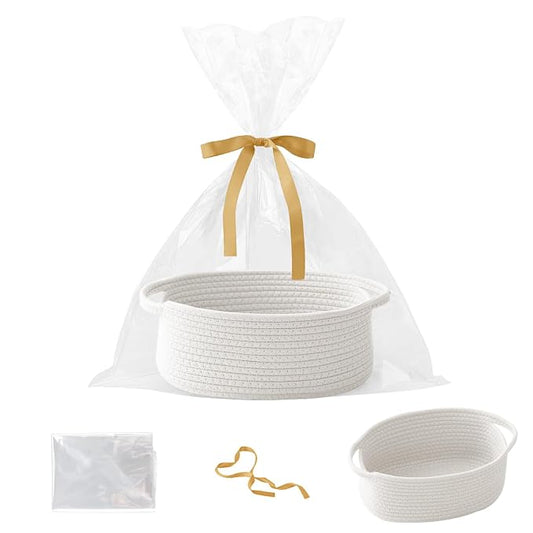 White Woven Rope Basket,Baby Gift Basket with Bag & Ribbon | Cotton rope with handle, 12x8x5 in, gift bag and ribbon, for baby shower, birthday, toy storage, nursery, shelf decor