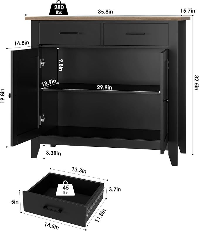 HORSTORS Farmhouse Kitchen Storage Cabinet, Small Buffet, Coffee Bar, Black
