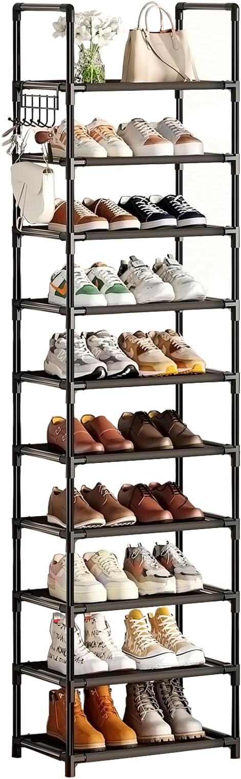 Simple Trending Tall Shoe Rack for Closet, 10 Tiers Narrow Shoe Shelf Holds 20 Pairs, Shoe Organizer Storage with Hooks, Black