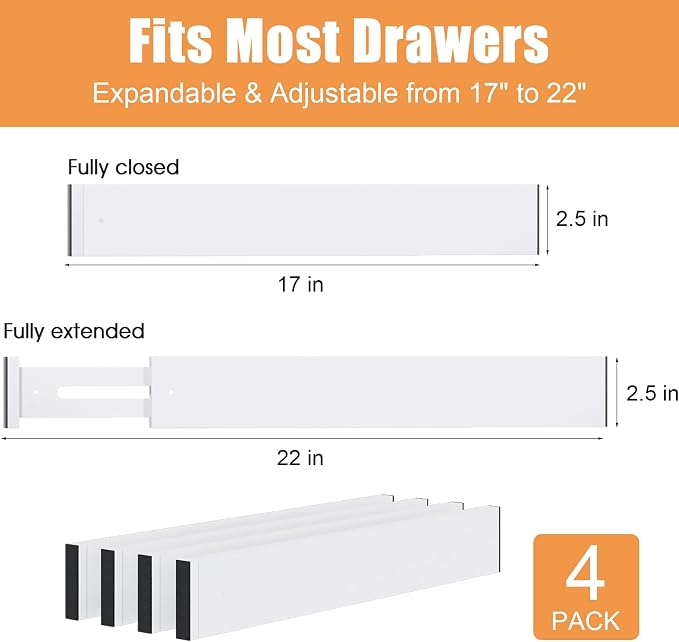 Bamboo Drawer Dividers, Adjustable Drawer Organizers, Fits 17.6–21" Drawers | 2.5" High, 4 Pack Expandable Drawer Separators for Kitchen, Nursery, Dressers & Office Storage, White