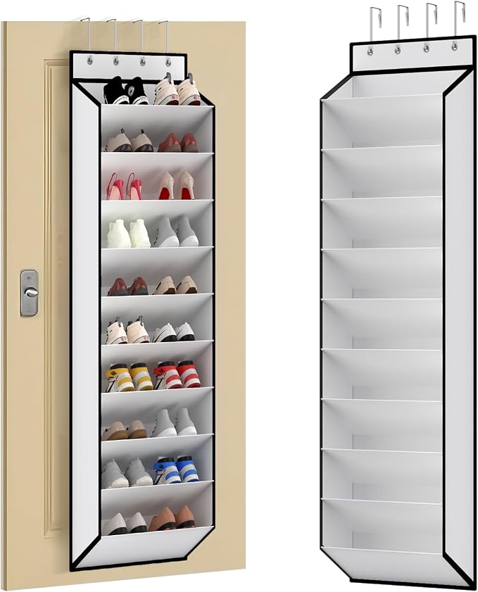 KEEPJOY 10 Tiers White Over Door Shoe Organizer Storage, Hanging Shoe Holder for Door with Large Deep Pockets, Fit 20-30 Pairs Shoe Rack for Sneakers, Boots (White)