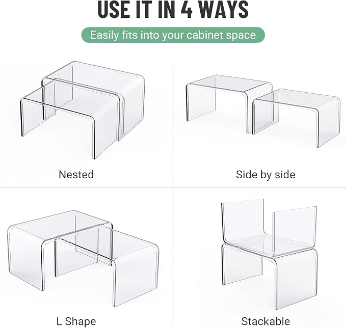 Bobomoment Clear Cabinet Organizer, Stackable Shelf Organizer Set of 2 | Kitchen Pantry Organizers and Storage, Display Cabinet Shelf Countertop Desk Shelves, Patented Spice Organization