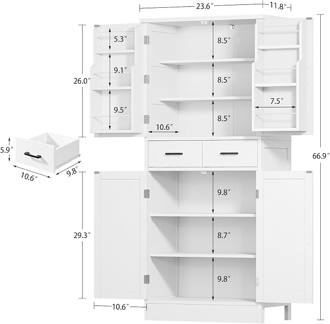 TEENFON Farmhouse Pantry Cabinet, 66.9″H Tall Kitchen Storage Cabinet with Barn Doors, Adjustable Shelves & Drawer, Freestanding Cupboard for Kitchen, Dining Room, Living Room, Bathroom, White