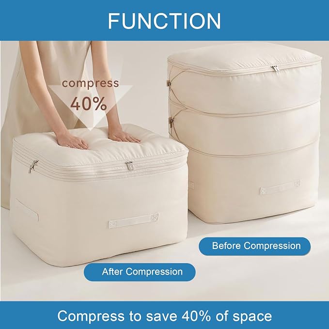 2PCS Compression Storage Bags, 2-Layer Zipper Large Bedding Storage Bag, Ultra Space Saving Self Compression Organizer for Comforters, Clothes, Pillows, Duvet and Bedding Sets (Beige, Large)