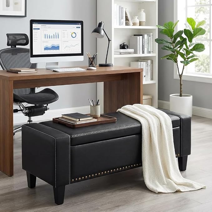 AKMAKM 49''W Storage Ottoman Bench, 30 Gallons End of Bed Bench, Faux Leather, Mid Century Modern, Upholstered Bench with Storage and Seat for Entryway, Living Room, Holds up to 350 lb, Black