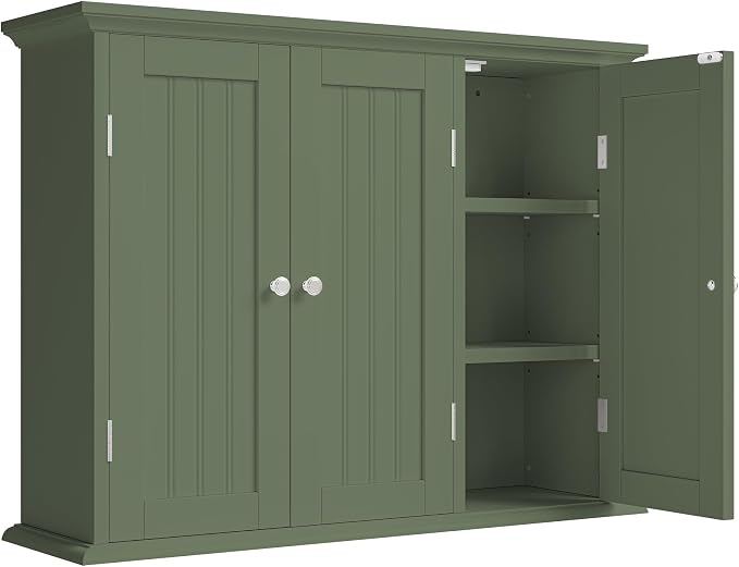 ChooChoo Laundry Cabinet with 3 Doors and Adjustable Shelves | 9.06"D x 31.1"W x 24"H, Bathroom Wall Cabinet, Cupboard, Green