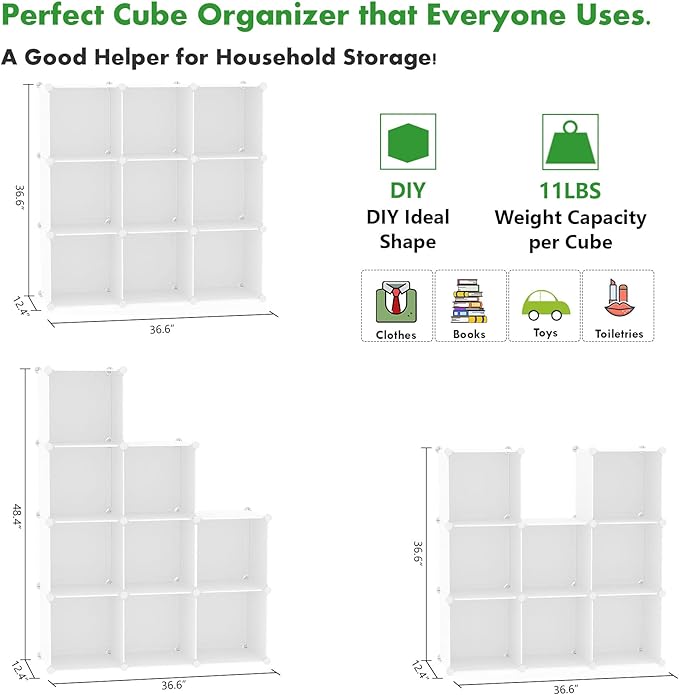 C&AHOME Cube Storage Organizer, 9-Cube Bookcase, Closet Cabinet Milky | DIY Stackable Bookshelf, Plastic Modular Shelving Units Ideal for Home, Office, Kids Room, 36.6" L x 12.4" W x 48.4" H