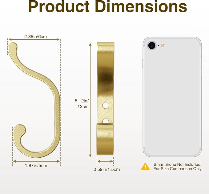Gold Wall Hooks for Hanging Coats: Metal Mount - Large Heavy Duty (30 Lb) - Screw In - Mudroom for Clothes, Backpack, Purse, Bathroom Towel, 6 Pack