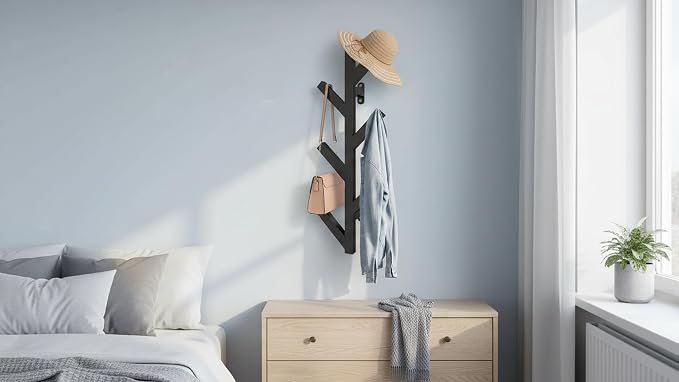 Vlush Wall Mounted Metal Coat Rack with 6 Hooks Modern Minimalist clothes rack, Upright Coat Rack for Hanging Clothes, Hats, Hanging Bags and Scarves Entrance Wall Iron Coat Racks (Black)