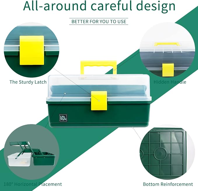 Creahaus 13 inch Art Craft Organizer Storage Box with 3 Layer, Multipurpose Plastic Tool Box with Handle for Sewing, Art Supply, Medicine, Nail, Hair Accessories (Dark Green)