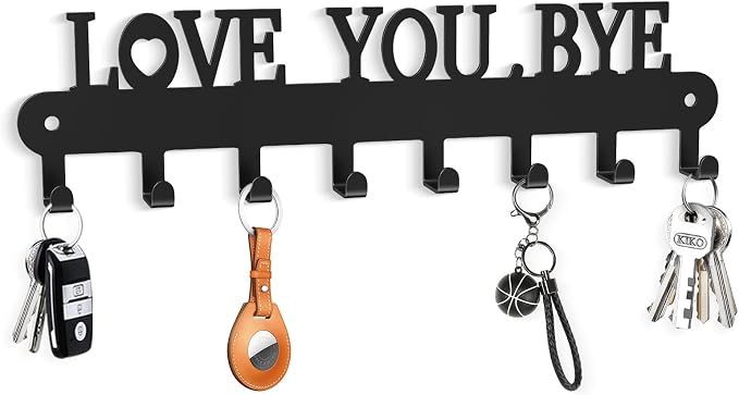 Key Holder for Wall - 'Love You Bye' Key Hooks, Black, 8 Hooks | Key Holder Wall Mount Self Adhesive, Key Rack Wall Mount for Wall No Drill for Living Room, Kitchen, Bathroom, Garage