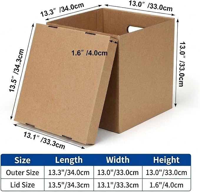 CRUGLA Vinyl Record Storage Boxes with Lids 7 Pack, 13 Inch Cube, Collapsible Corrugated Cardboard, Quick Fold Assembly with Pre-Applied Adhesive, Side Cut-Out Handles, Home Office Organizer