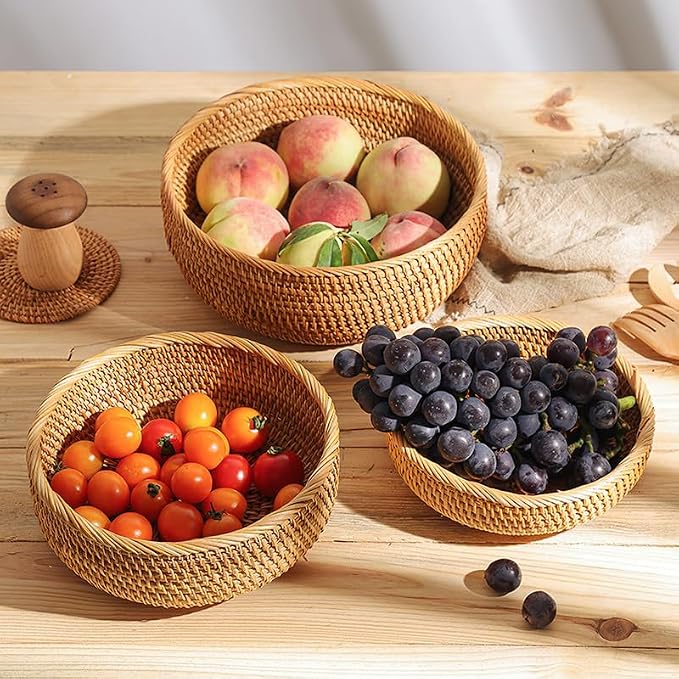 Rattan Bread Basket, Hand Woven Fruit Basket, Wicker Serving Basket Bowl, Decorative Baskets for Kitchen Counter Organizing, Set of 3 (Round)