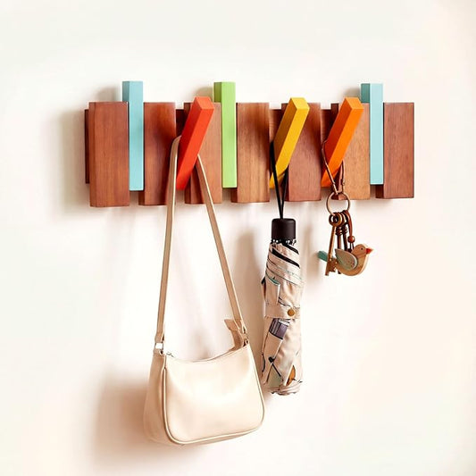 Youyole 6 Hook Wood Coat Rack Wall Mount Mid Century Modern Wooden Coat Hooks Colorful Heavy Duty Flip Down Piano Hat Rack for Hanging Coats Keys Hats Robe Towels Home