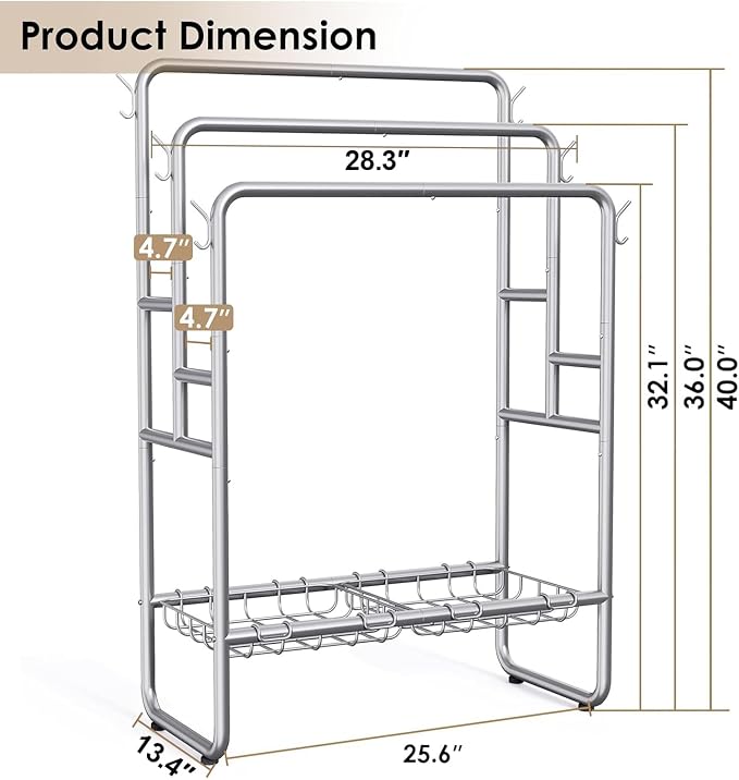 Kayfia 40'' Freestanding 3 Tier Metal Towel Rack, 2 Baskets & 6 Hooks | Dual-Use Drying & Display Rack, Holds Oversized Bath Towels & Blankets, fits Indoor, Bathroom, Bedroom & Outdoor, Silver
