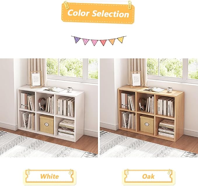 NELYE 6 Cube Organizer Bookcase White Open Shelf | Suitable for 11-inch Fabric Storage Bins, Simple Compartments Bookshelf, Holds 20 Lbs per Cube