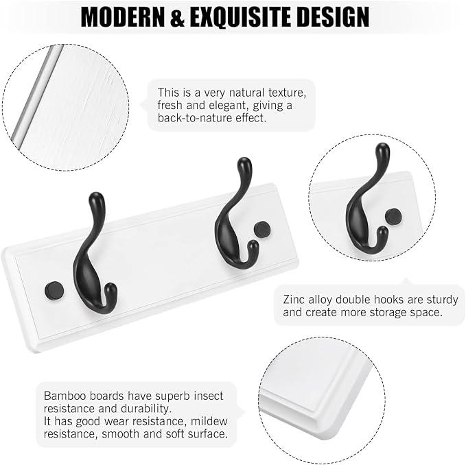 Badiano Wooden Coat Rack, Wall-Mounted Organizer for Closet, Entryway, Hallway, Foyer, Bedroom, Heavy Duty Double Hooks for Hanging Towels, Bags, Hats, Jackets, Key (WhiteBlack, 2 Hooks)