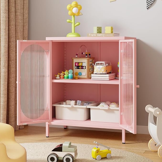 2 Translucent Door Metal Accent Storage Cabinet for Home, Living Room, Office Room,Kitchen-Metal Locker Cabinet with 1 Adjustable Shelves-2-Tier (Pink)