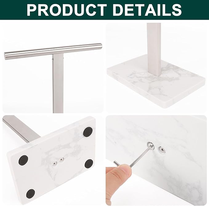 Hand Towel Holder, T-Shape Hand Towel Stand for Bathroom, Hand Towel Rack Bar Standing for Vanity Kitchen Countertop, 304 Stainless Steel (Marble Base, Brushed)