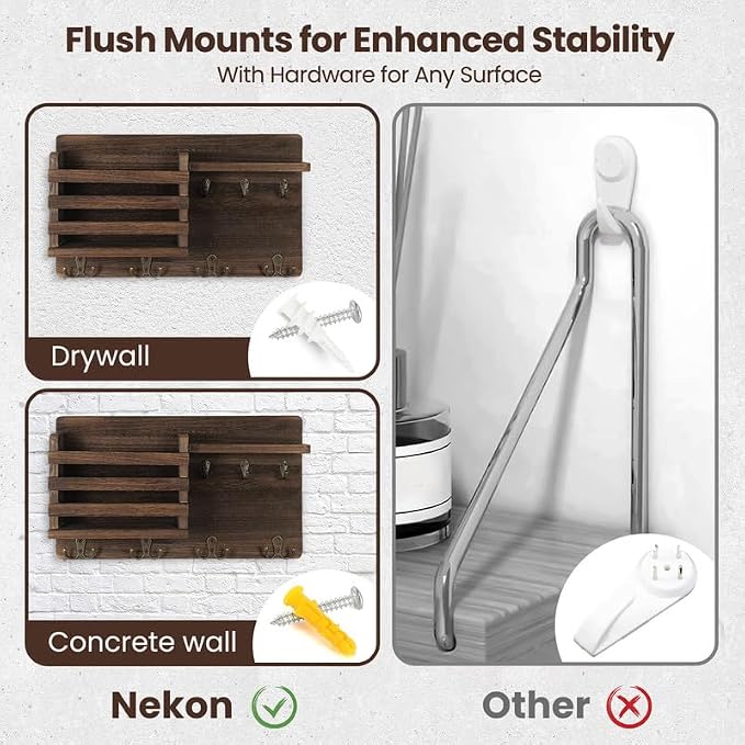 Nekon Mail Holder for Wall Mail Organizer with Key Hooks Hallway Farmhouse Decor Storage Racks with Floating Shelf and Flush Mount Hardware (16.8Inch x 10Inch x 3.2Inch)
