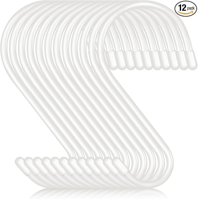 DINGEE 12 Pack 6 Inch S Hooks,Large S Hook Vinyl Coated Heavy Duty S Hook for Hanging, Non Slip S Hanger Closet Hooks, Steel Metal White Rubber S Hooks for Hanging Plants,Clothes,Jeans,Pot Pan Garden