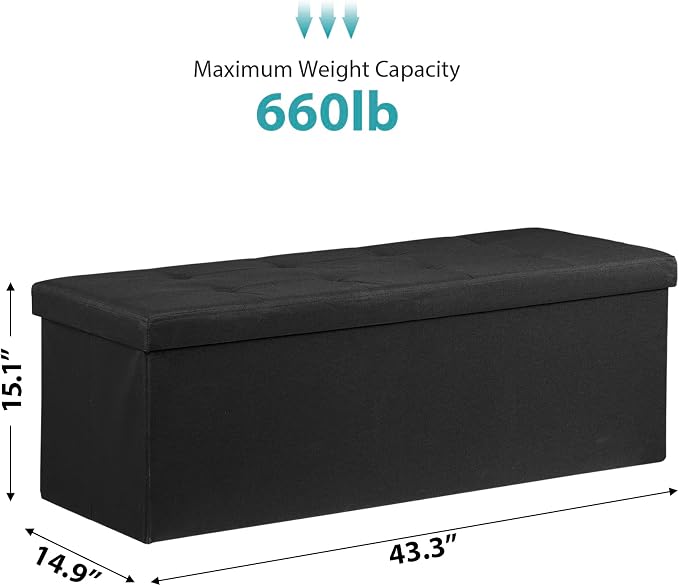 ZenStyle 43Inches Storage Ottoman Bench, Folding Footrest Padded Seat, Storage Chest Long Shoes Bench with Divider, Holds up to 660 lbs, for Living Room, Entryway, Bedroom, Black