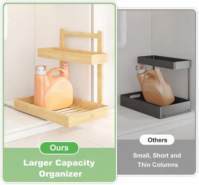 Bamboo Under Sink Organizer 2 Pack, 2-Tier Pull Out Cabinet Organizer | Kitchen Sink Organizer | Bathroom Cabinet Organizer | Cleaning Supply Storage | L-Shape | 3-Level Adjustable | Natural Bamboo